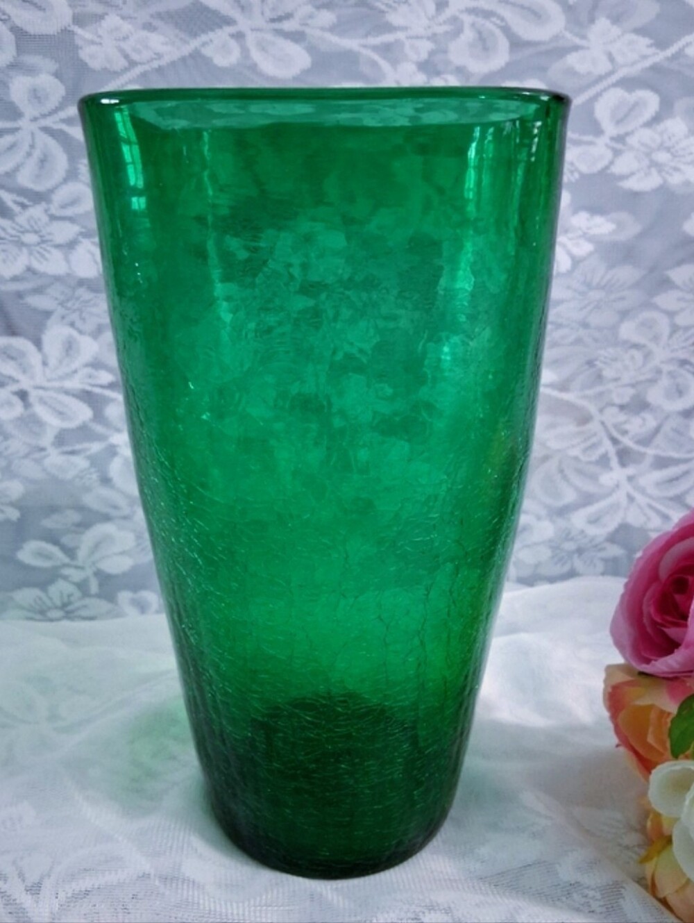 Vintage Blenko #366 Emerald Crackle Glass Tall Vase 9.5"